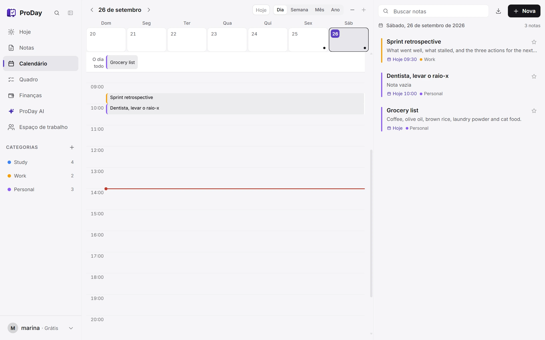 The calendar. The same notes, on the days they belong to.