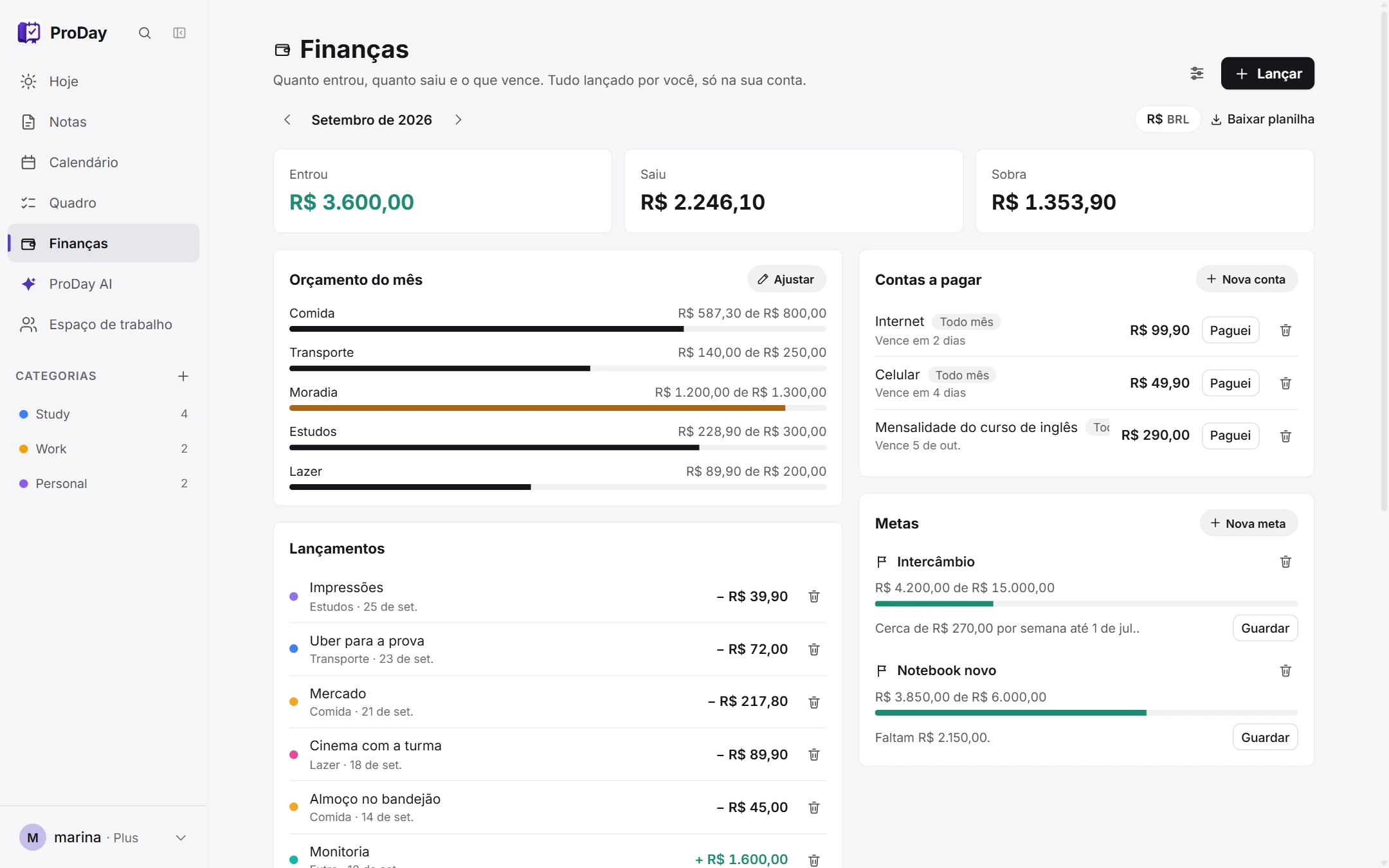 Finances. Money in, money out, the bills coming up and your goals, in the same app as your notes.