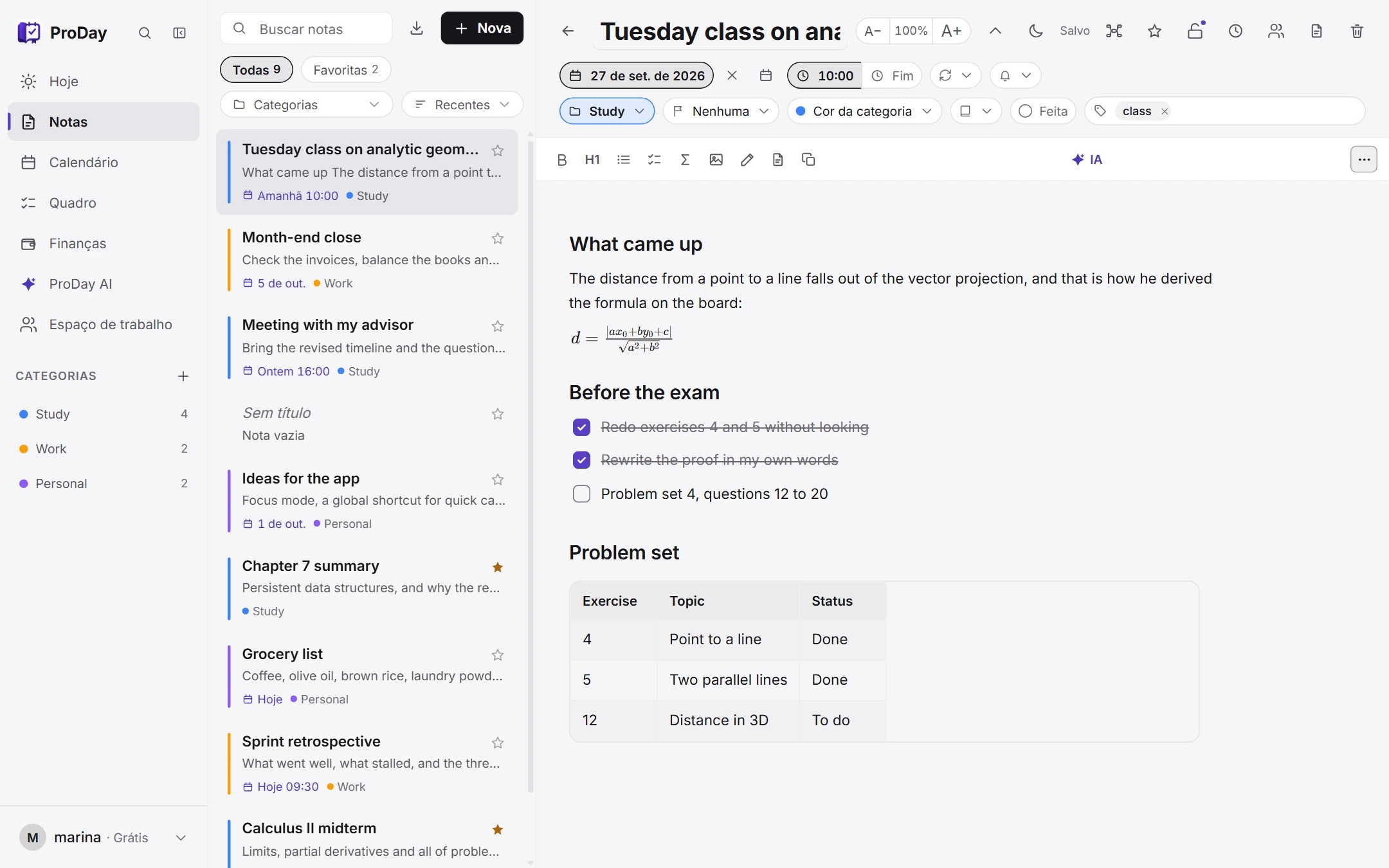 An open note. The list on one side, the note on the other: headings, tasks, tables and formulas.